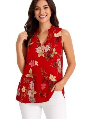 Rose + Olive Red Floral Sleeveless Blouse Top Women’s Medium Boh